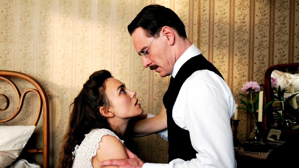 Keira Knightley looks up at Michael Fassbender in A Dangerous Method