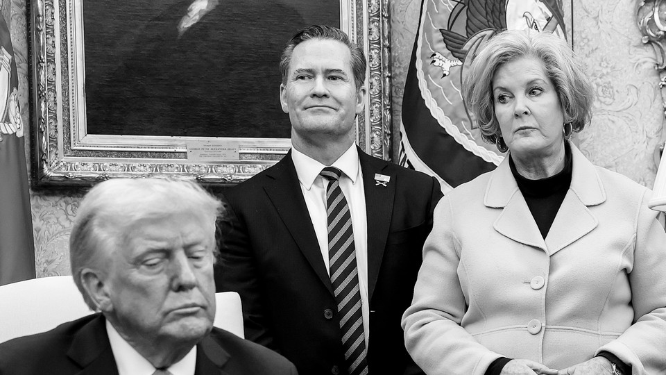 Black-and-white photo of Donald Trump, Michael Waltz, and Susie Wiles