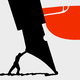 illustration with silhouette of tiny figure pushing oversize black pen nib with a huge orange finger pushing the other direction