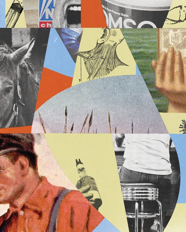 photo collage including vintage image of man in orange shirt and blue overalls; head of a race horse; Fox News logo; anatomical drawing of a neck; hand holding a glass bottle; man in jeans sitting on chrome swivel barstool