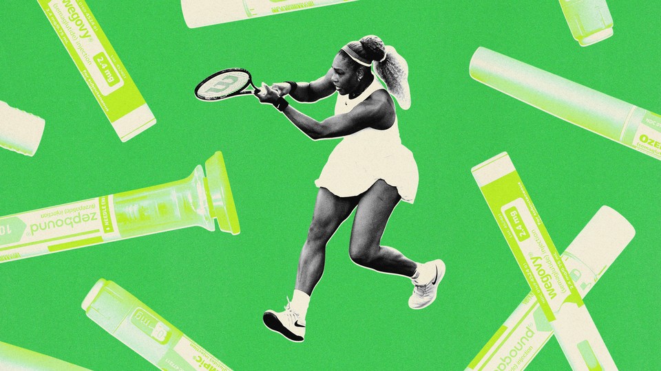 Collage of a black-and-white photo of Serena Williams playing tennis against a background of green-colored Zepbound, Wegovy, and Ozempic pens.