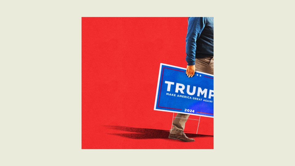 Illustration of man holding Trump Make America Great Again sign exiting a red square surrounded by a beige background