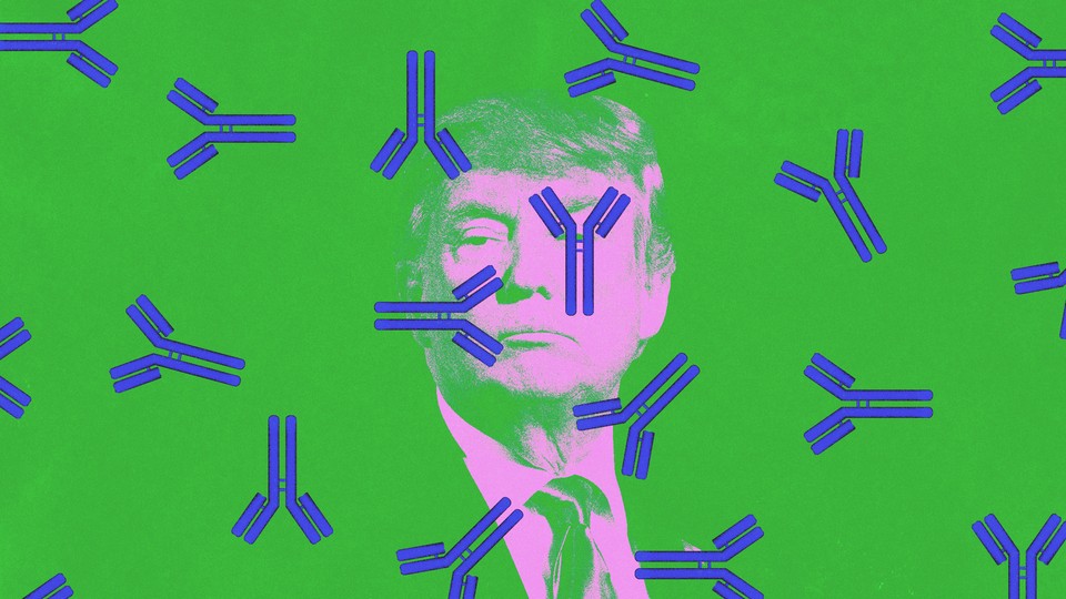 An illustration of antibodies with Donald Trump in the background