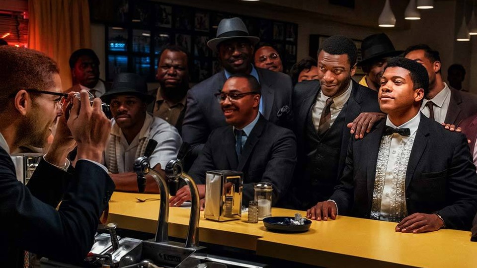 Men dressed in 1960s attire sitting at a bar