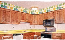 An illustration of a bright kitchen with floral border and wooden cabinets