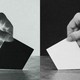 A split-screen illustration of two ballots being submitted, one black and one white