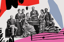 illustration with archival black-and-white photo of 3 men and 5 women in formal 19th-century clothing gathered around a piano, with hand-drawn musical symbols and illustrated blocks of red, gray, pink