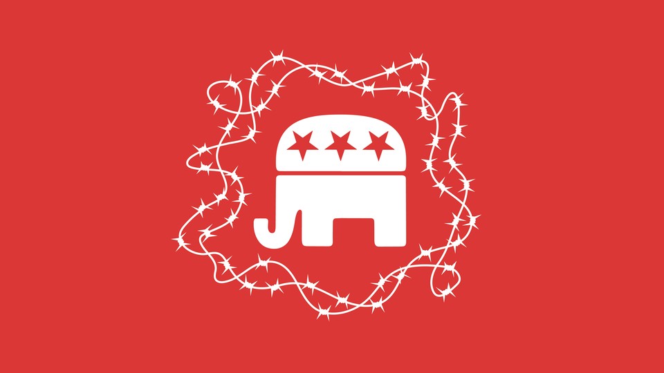 Illustration of the Republican Party elephant surrounded by barbed wire.