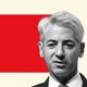 Una ilustración gráfica de una foto recortada en blanco y negro de Bill Ackman sobre un cuadrado rojo brillante.