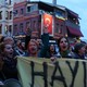 Anti-government demonstrators shout slogans during a protest in the Besiktas district of Istanbul, Turkey, on April 19, 2017. 