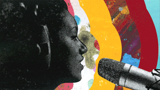A woman speaks into a microphone in a colorful gif