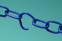 A dark blue chain with one broken link against a light blue background