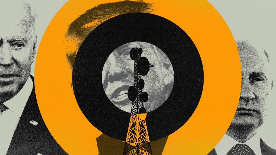 A collage of Joe Biden, Donald Trump, and Vladimir Putin, with a radio tower in the foreground