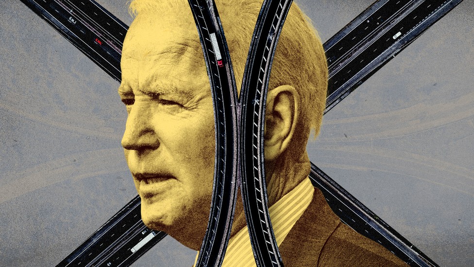 President Joe Biden with roads behind him and across his face