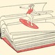 An illustration of a woman surfing on waves made of a book's pages