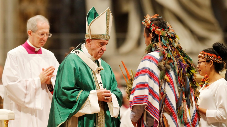 Pope Francis leads a Mass to close a three-week synod with Amazonian bishops.