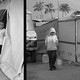 A triptych of black-and-white photos of daily life in Gaza, showing from left to right: a child and a cat at the entrance to a tent, a child carrying water jugs while wearing a hoodie, and a child getting her hair braided in a tent..