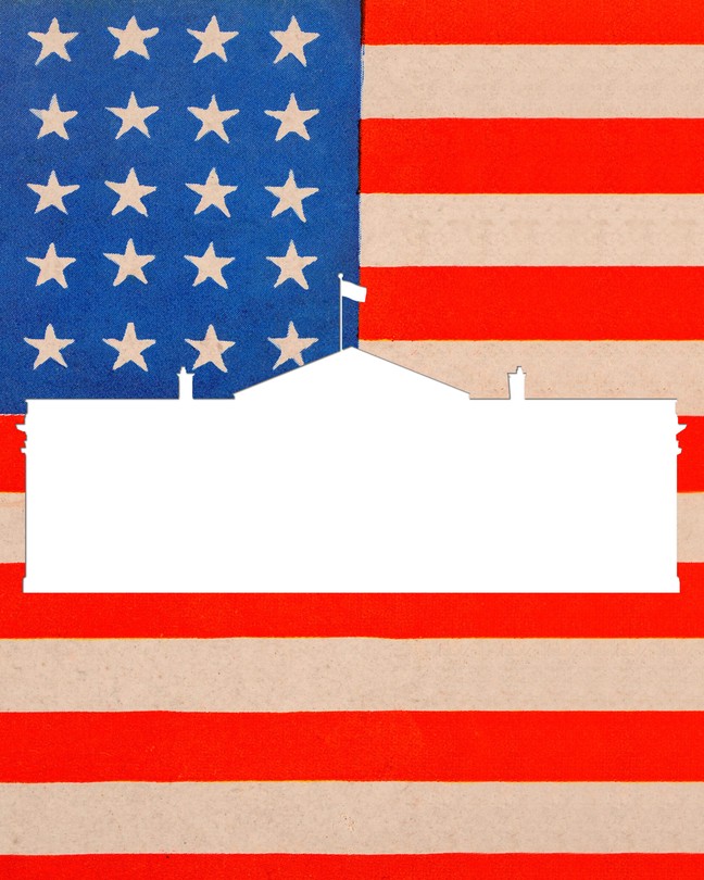 Silhouette of the White House in front of the American Flag
