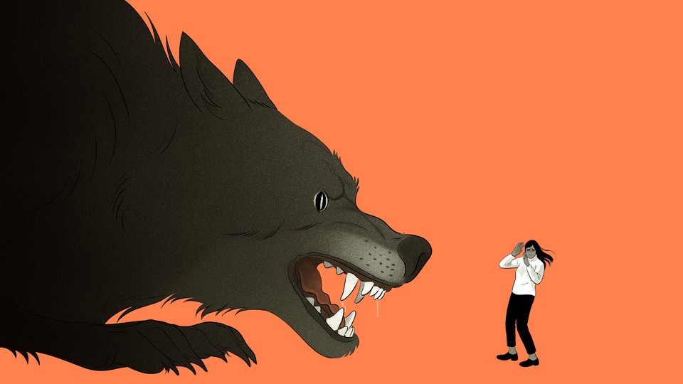 An illustration of a giant wolf with a woman cowering in fear in front of it.