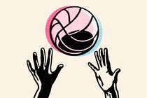 illustration of a pink-and-blue volleyball above the hands of two opposing players