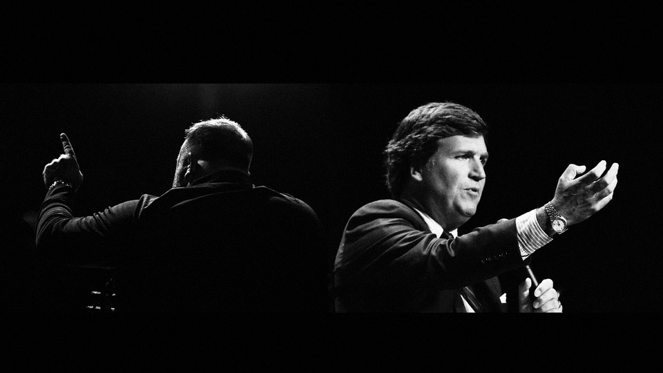 A photo illustration of Tucker Carlson speaking in one direction and Alex Jones behind him speaking in the opposite direction