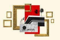 Abstract image of painting frames and a U.S. embassy