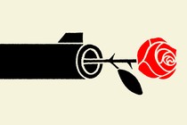 Illustration of a gun with a rose coming out of the barrel