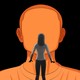 a woman stands in front of a large faceless man
