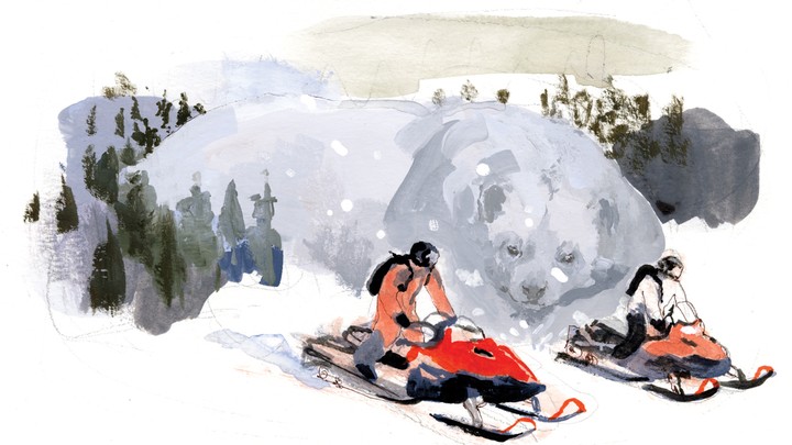 illustration of snowmobilers with an animal