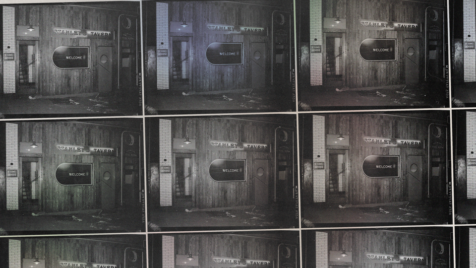 Photo-illustration with multiple photos of front of tavern