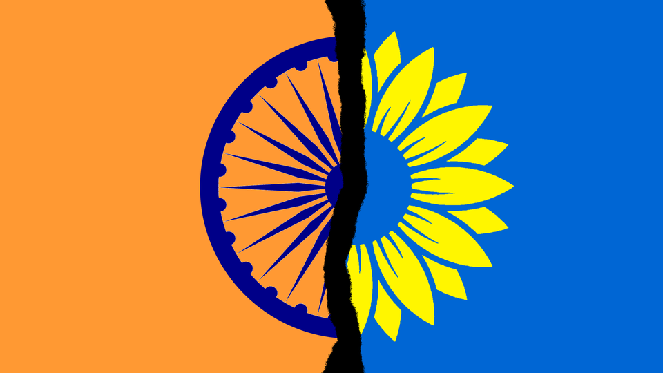 India's spinning wheel set against Ukraine's sunflower