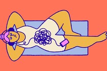 a cartoon drawing of a figure laying on a yoga mat, with a knot of headphones connected to a phone.