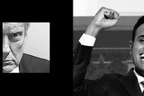 Trump's mug shot juxtaposed with a photo of Vivek Ramaswamy