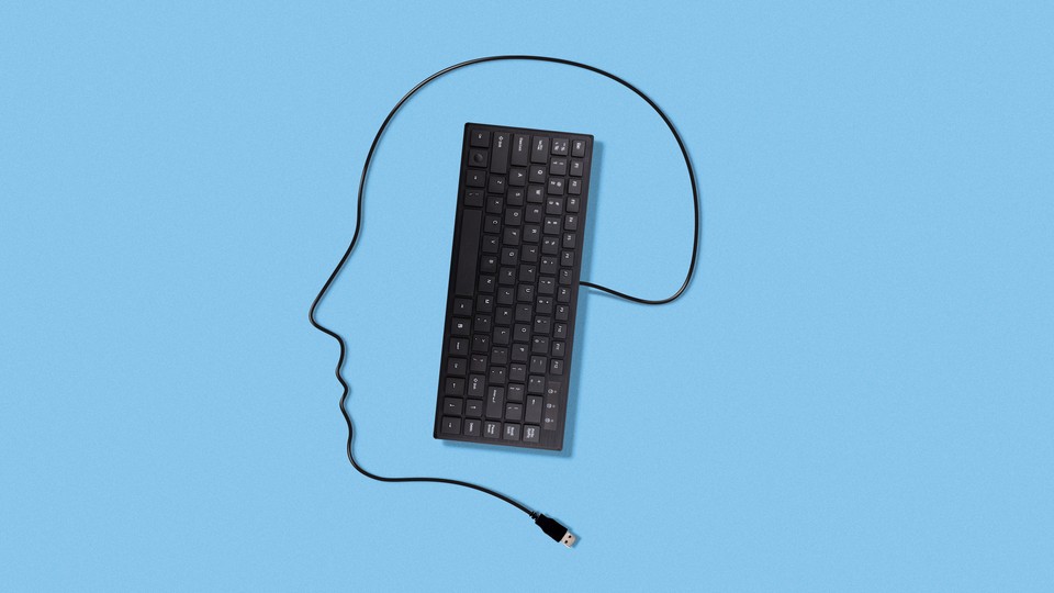 Illustration of a keyboard with its wire positioned to look like a human head.