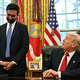 Donald Trump looks up at Zohran Mamdani in the Oval Office, as both smile.