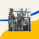 A cream background has the blue outline of a conversation bubble dropping down from the top and a yellow filled in conversation bubble extending up from the bottom. In the middle is a black and white photograph of about 7 white children in autumn clothing hanging on to different parts of a jungle gym.