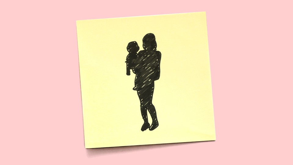 A Post-it note shows a sketch of a silhouette of a woman holding a child.