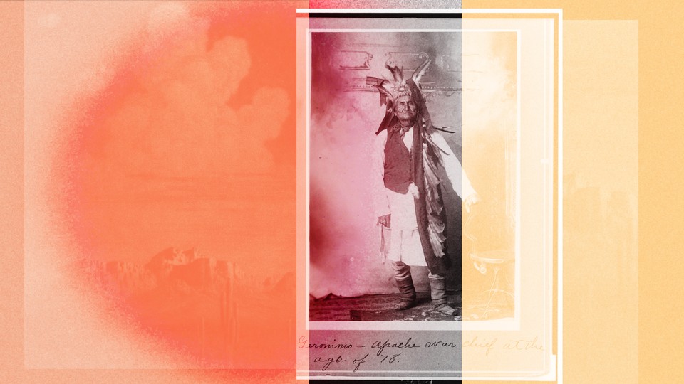 Illustration of a man in Native American dress in a black and white photo surrounded by stripes of orange and yellow.