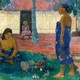 a painting by Paul Gauguin showing a woman in blue walking in front, two women seated on the grass a woman seated in front of a house, and two women walking in the background