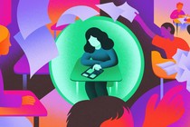 A child shown in a glowing green bubble, using a digital device in a chaotic classroom