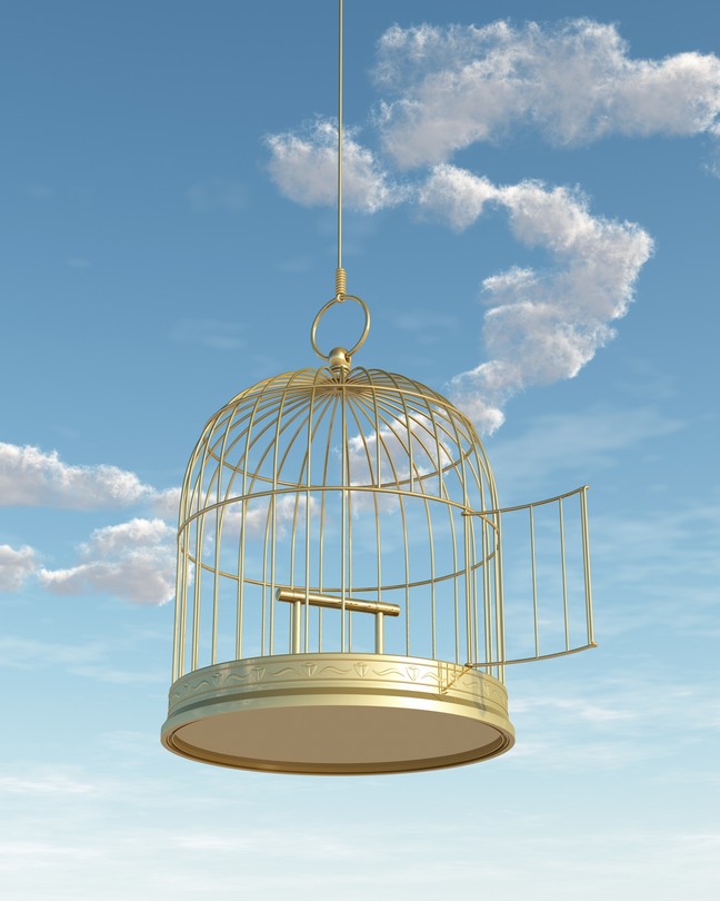 Gold bird cage with the door open hanging in front of a blue sky with white clouds