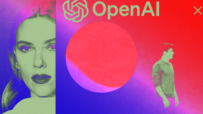 Photo collage of Scarlett Johansson, the OpenAI logo, and Sam Altman