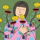 A woman holds her hands to her heart while plants grow out of her torso and release smiley-face speech bubbles.