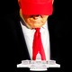 Illustration of President Trump in a red cap looking down at a miniature replica of the Capitol Building