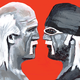A black-and-white sketch of the babyface and heel versions of Hulk Hogan facing each other in profile, with two figures wrestling in the background, all on a red base