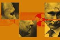 Collage of showing cropped pictures of Putin overlapping the radiation symbol