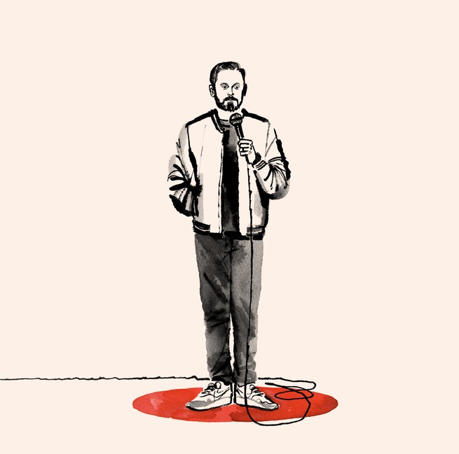 Sketch in black ink on beige background of Nate Bergatze standing in red spotlight circle and holding mic with long cord
