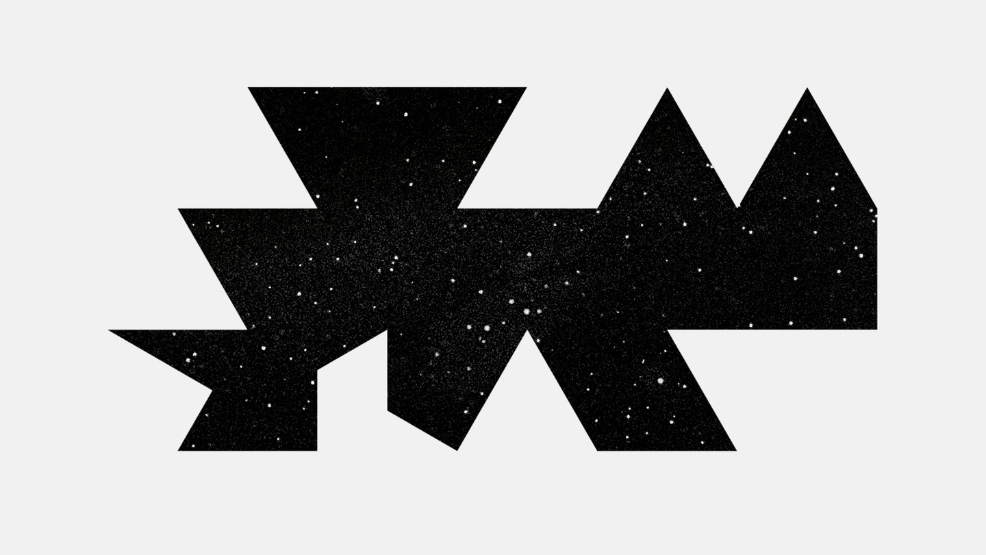 A geometrical shape cut out of a light grey background showing a starry night sky