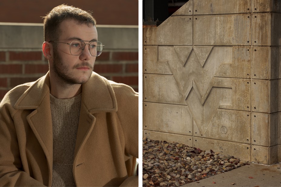 diptych of a portrait of Hunter Neel and the entrance of West Virginia University
