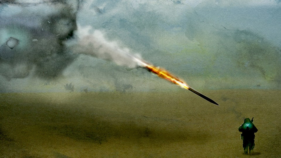 An illustration of a rocket headed from a shadowy female figure toward a soldier whose face is illuminated by the glow of his phone